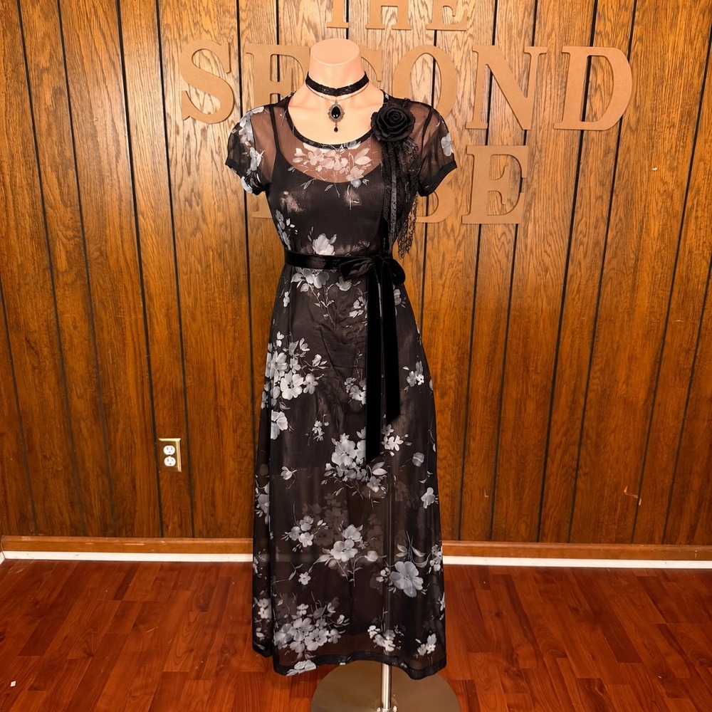 Black Floral Mesh Sheer Maxi Dress Women M Whimsigoth Goth Fairy Grunge Romantic